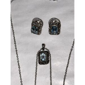 Sterling Aquamarine Rectangle Cut Solitaire Art Deco Necklace & Earrings March
